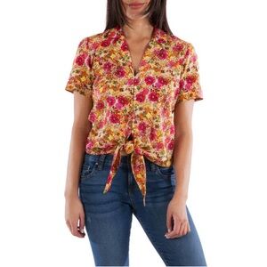New! Kut From the Kloth Penelope Floral Camp Shirt Short Sleeve Tie Front Large